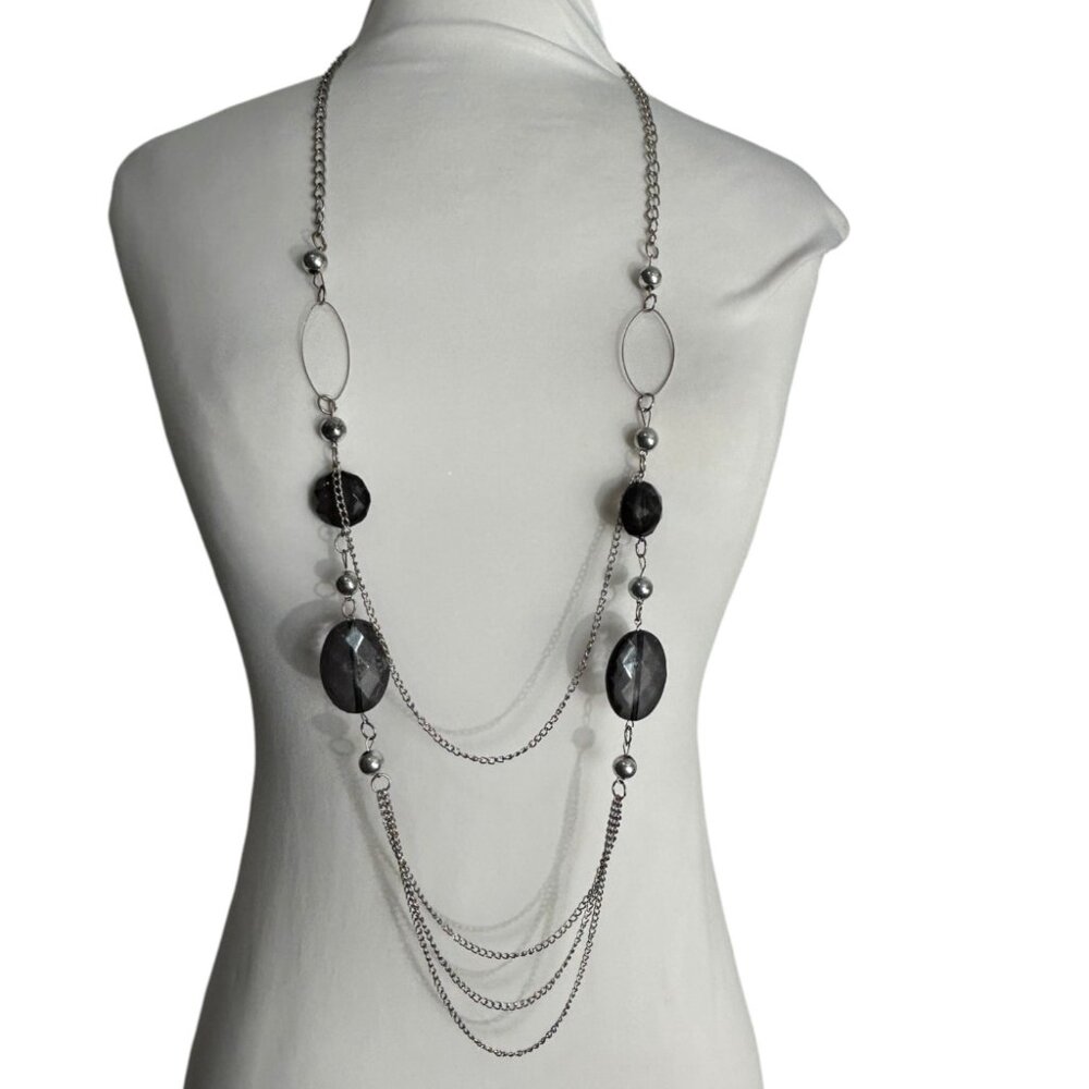 Silver Tone Black Faceted Bead Multi Chain Layered Necklace Long Contemporary